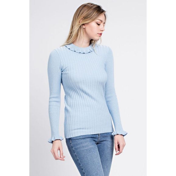 Women's Casual Ruffled Ribbed Turtle Neck Long Sleeve Sweater - Picture 3 of 8